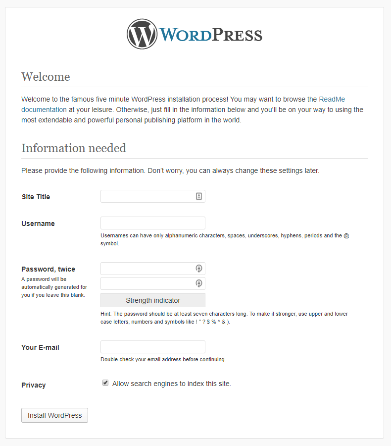 Wordpress welcome page