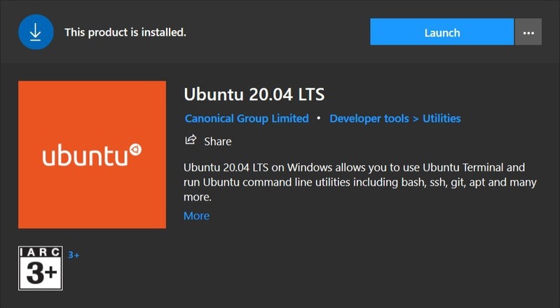 Ubuntu 20.04 in Microsoft Store