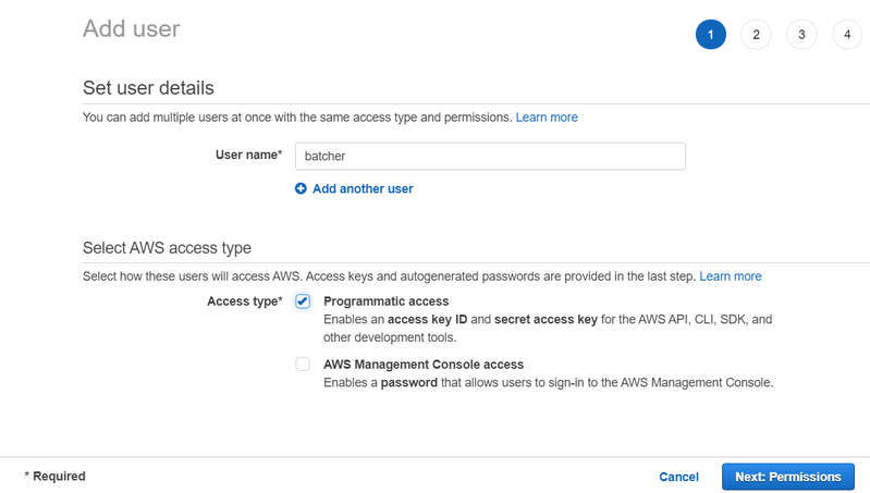 Setting up user name and selecting access type